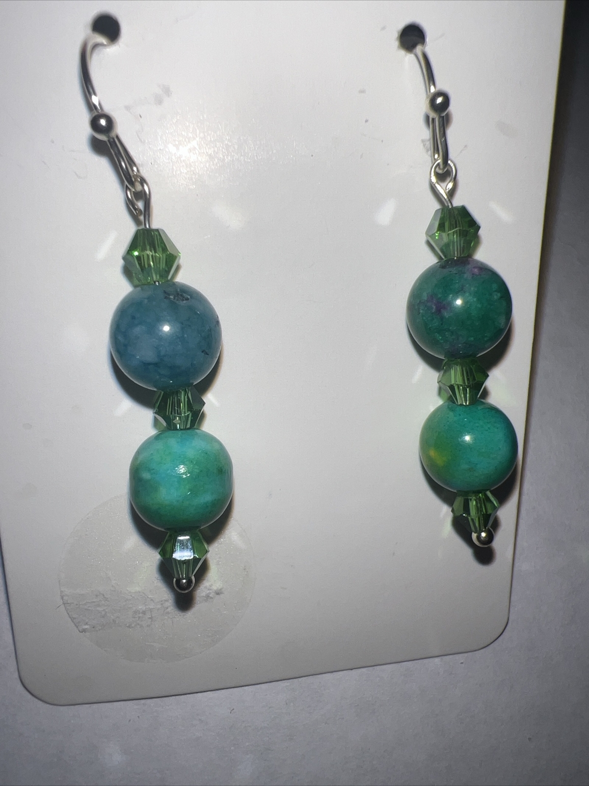 Green Blue Bead Earrings, W/ Silver, Hook Dangle, Flower Bead, Fashion, Womens