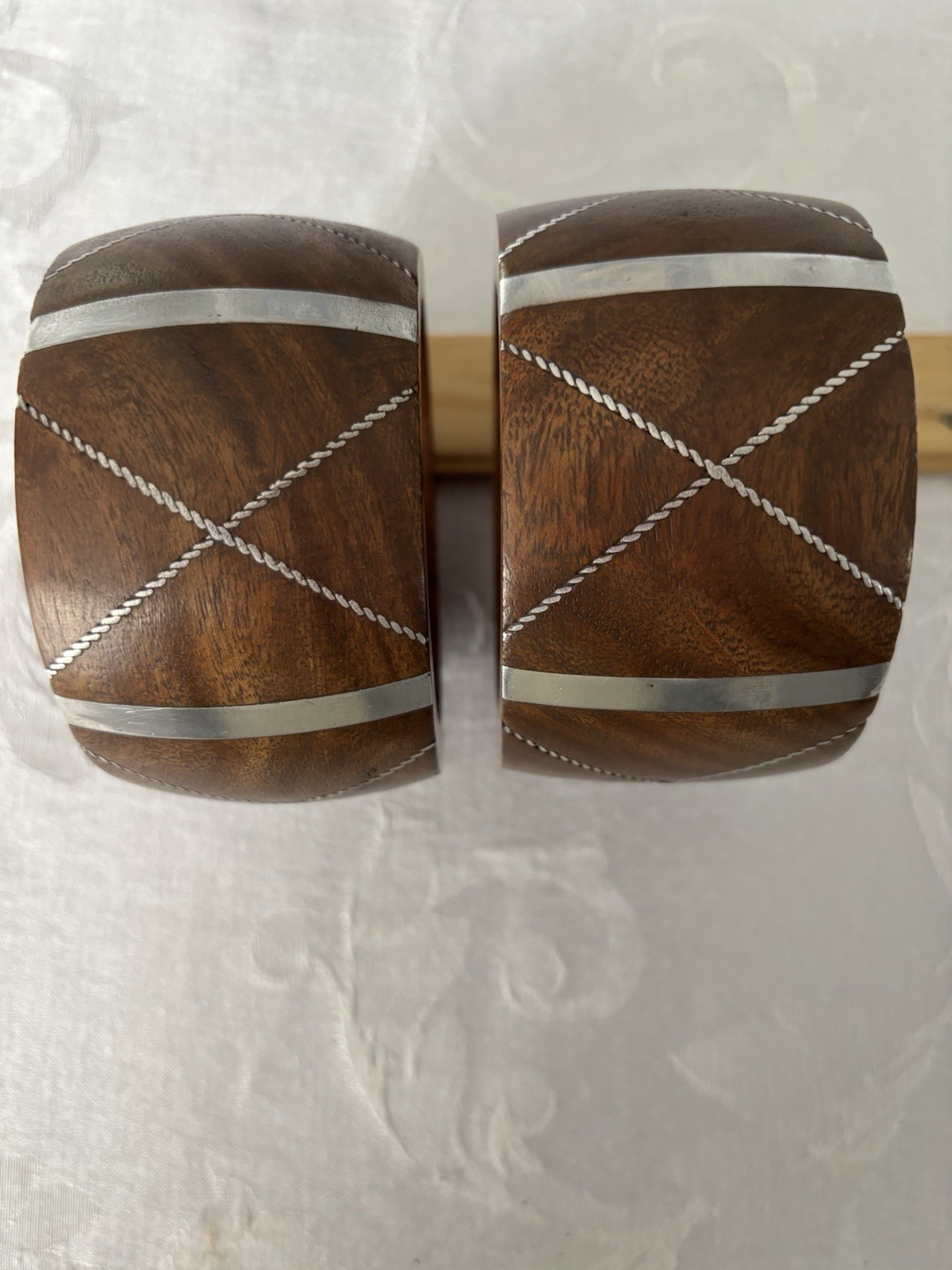 Bangle 2 Bracelets, Wood With Silver Metal Inlay Design, Chunky 2” Wide, Antika