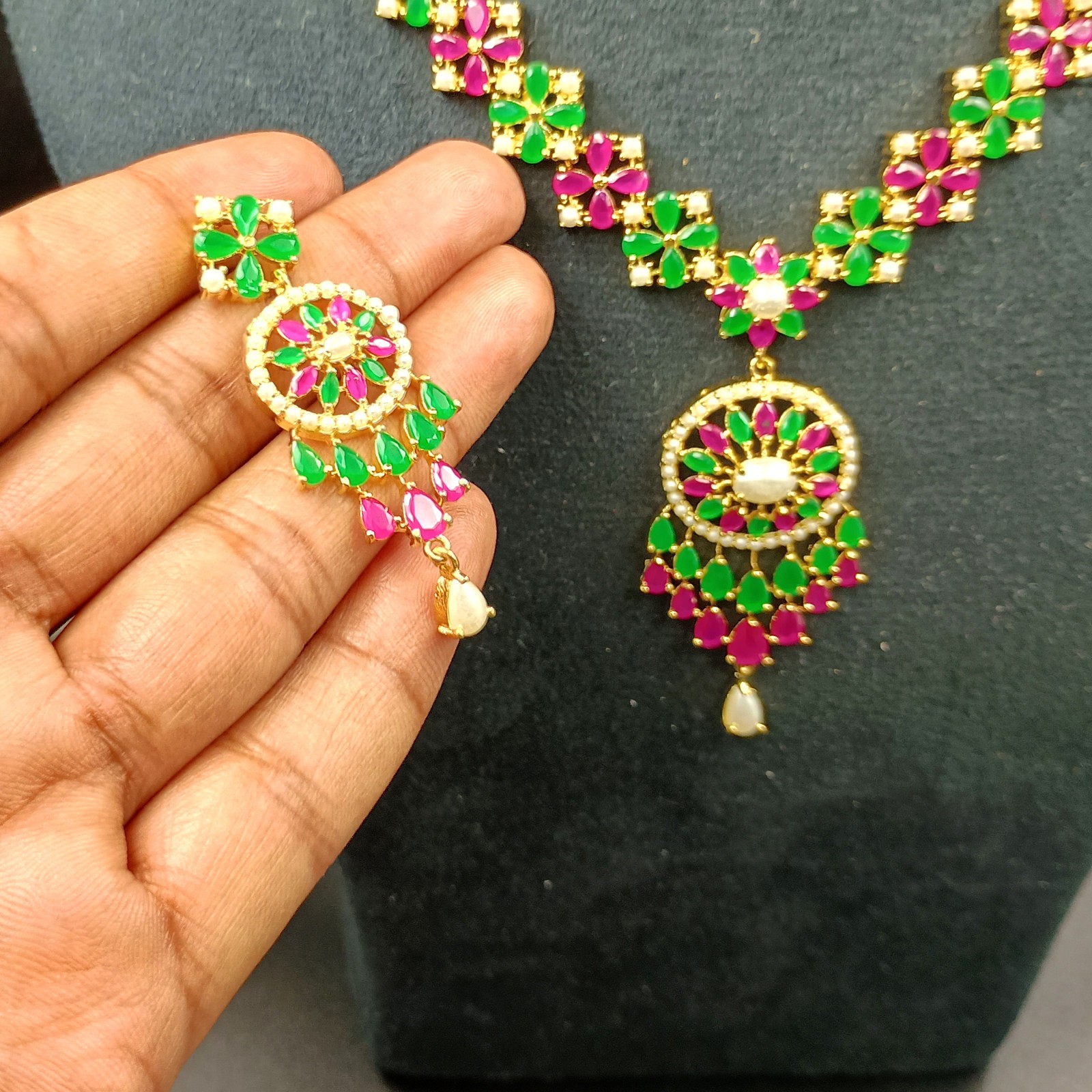 Royal Ruby Emerald Pearl Choker Set 22k Gold Plated Indian Temple Bridal Jewelry