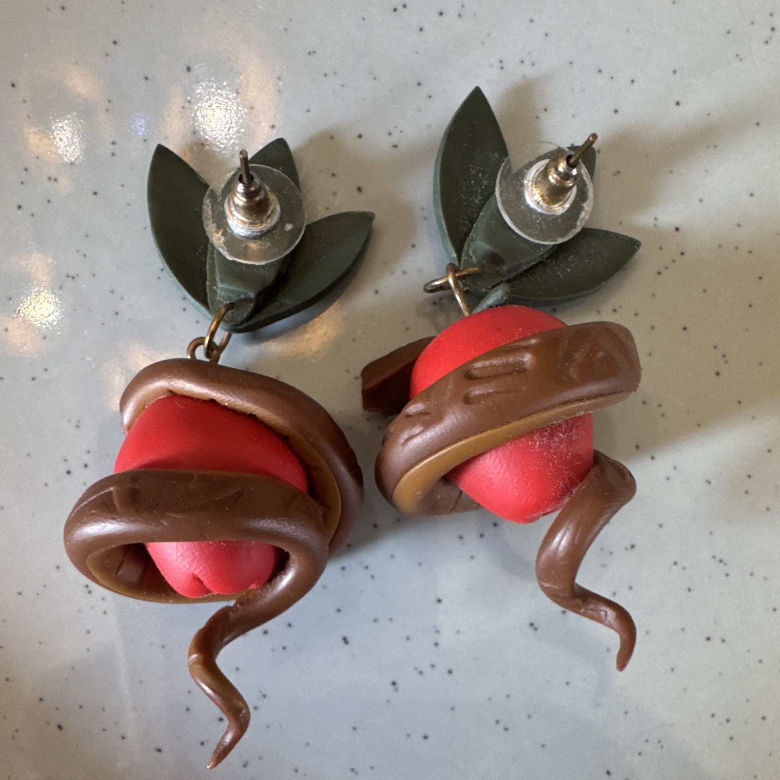 Clay Apple & Snake Dangle/Drop Stud Earrings, Butterfly Closure, No Stone