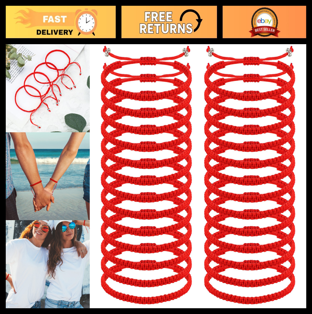 48 Pcs Red String Bracelets for Protection & Good Luck, Adjustable Tibetan Knots