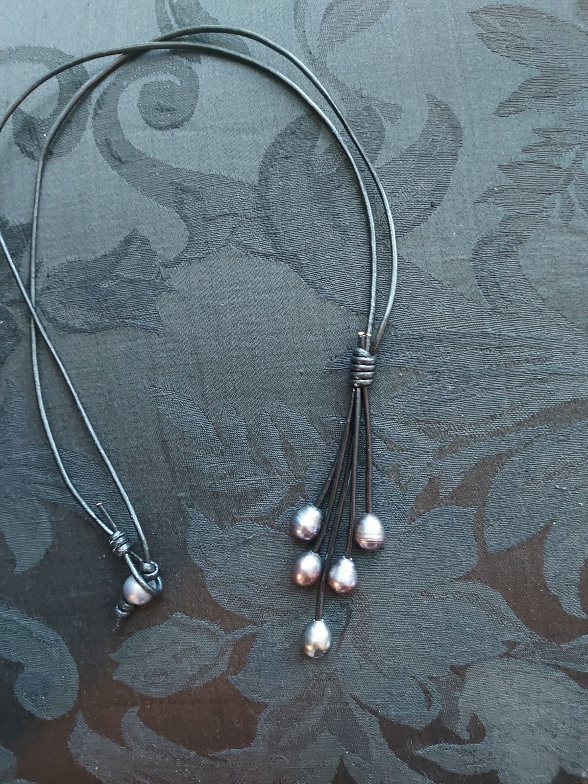 Black Leather Cultured Freshwater Pearl Necklace 31 Inches