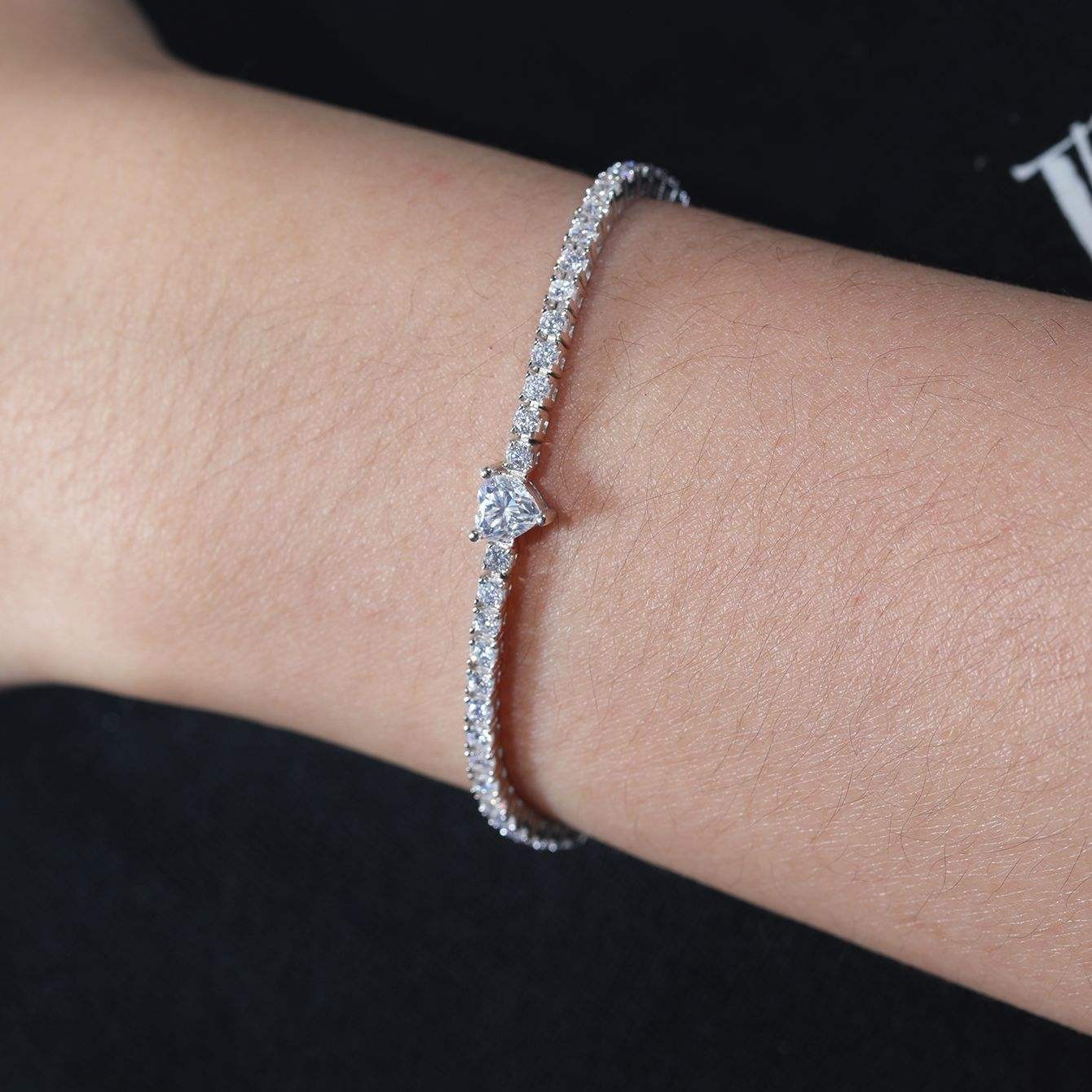 Heart Cut Solitaire Tennis Bracelet Silver Tone Crystal Dainty Bracelet Women