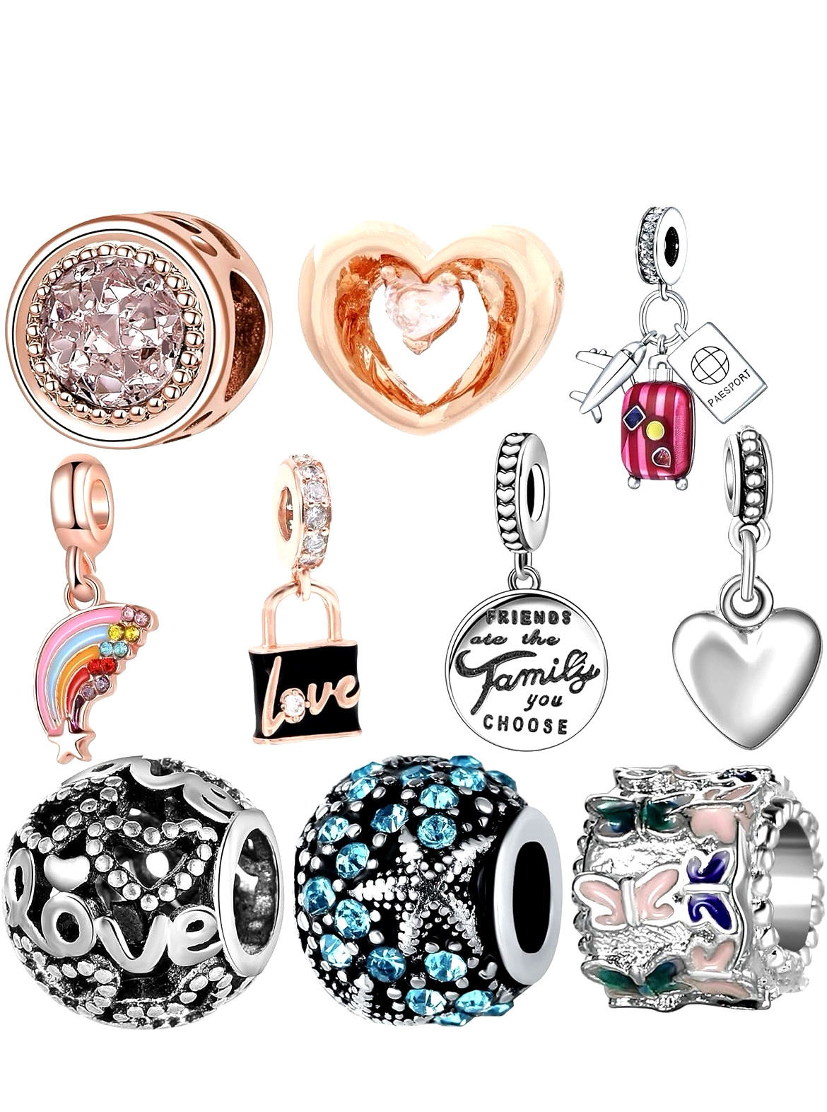 10 Dangle & Bead Charms Set Love Hearts Travel Friends Nature