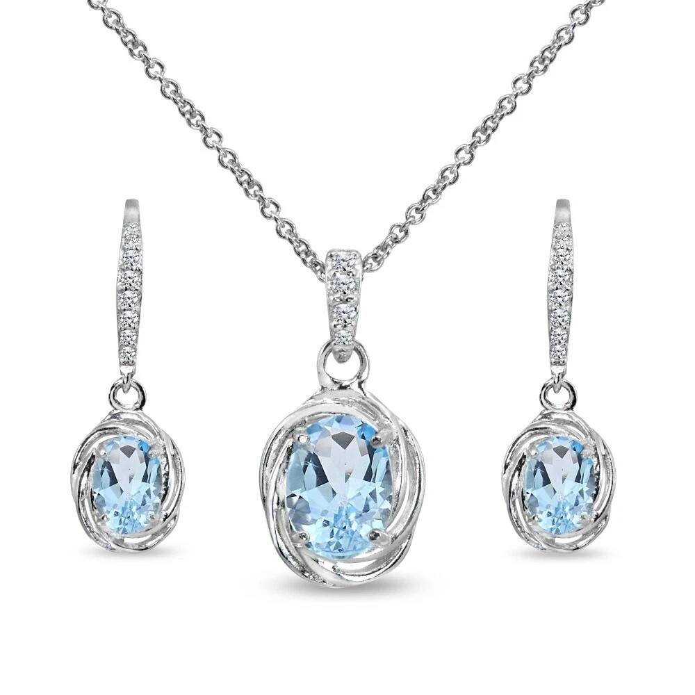 Oval Blue Topaz & CZ Sterling Silver Leverback Earrings & Pendant Necklace Set