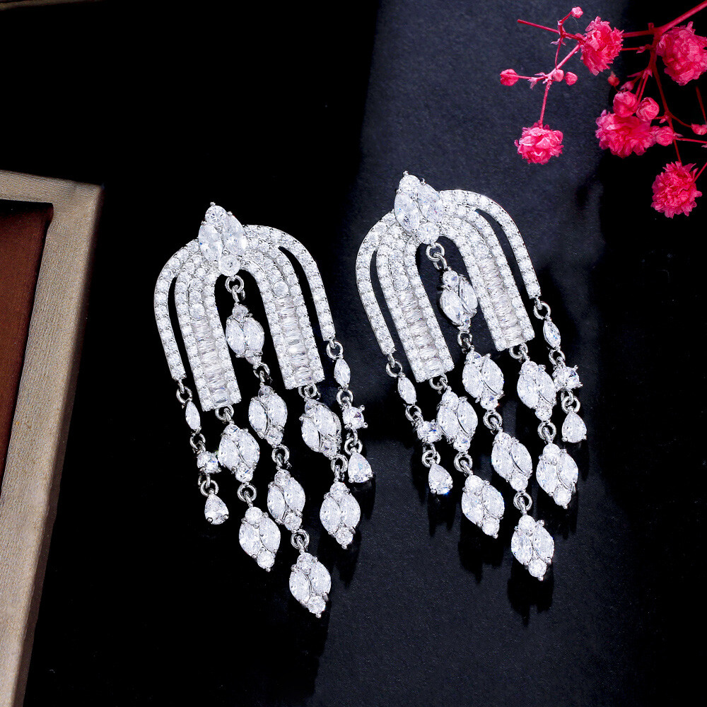 Silver Plated Cubic Zirconia Long Chandelier Dangle Drop Wedding Earrings Women