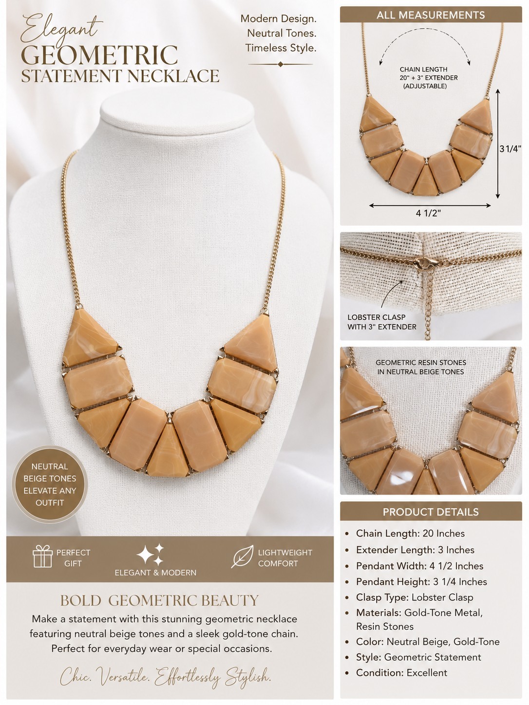 Geometric Beige Statement Necklace – Gold-Tone Chain | Neutral Resin Stone…