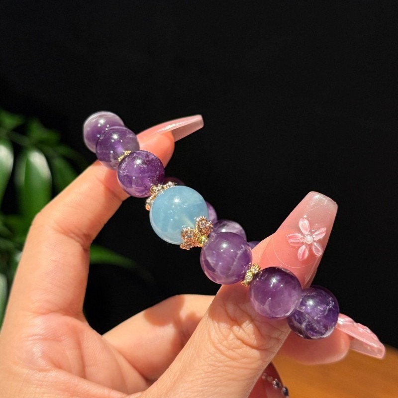 12mm Natural Amethyst and Aquamarine Original Design Handmade Bracelet