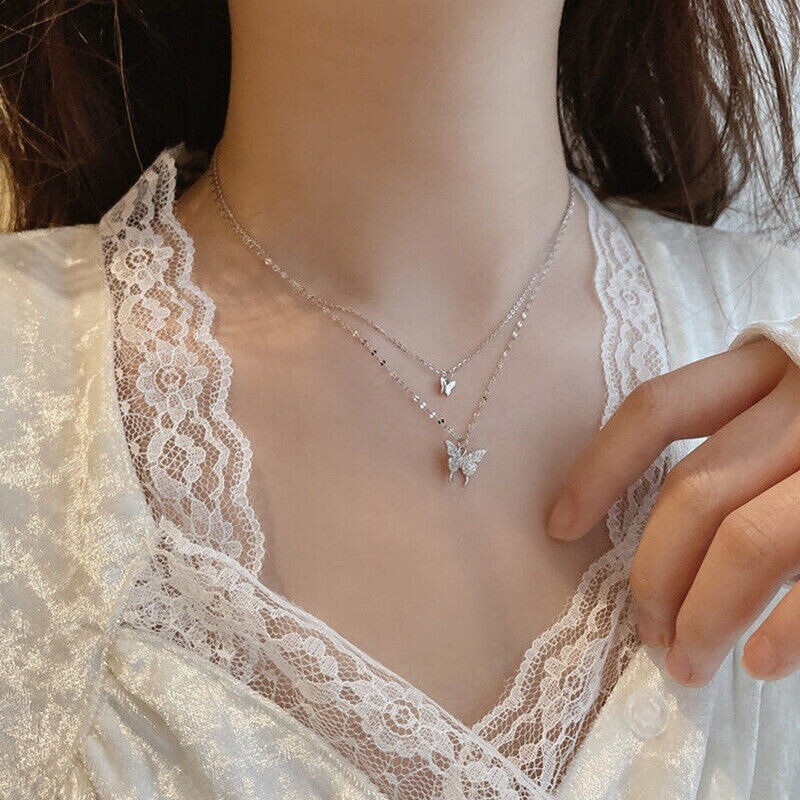 S925 Sterling Silver Women Elegant Chain Trendy Butterfly Pendant Necklace