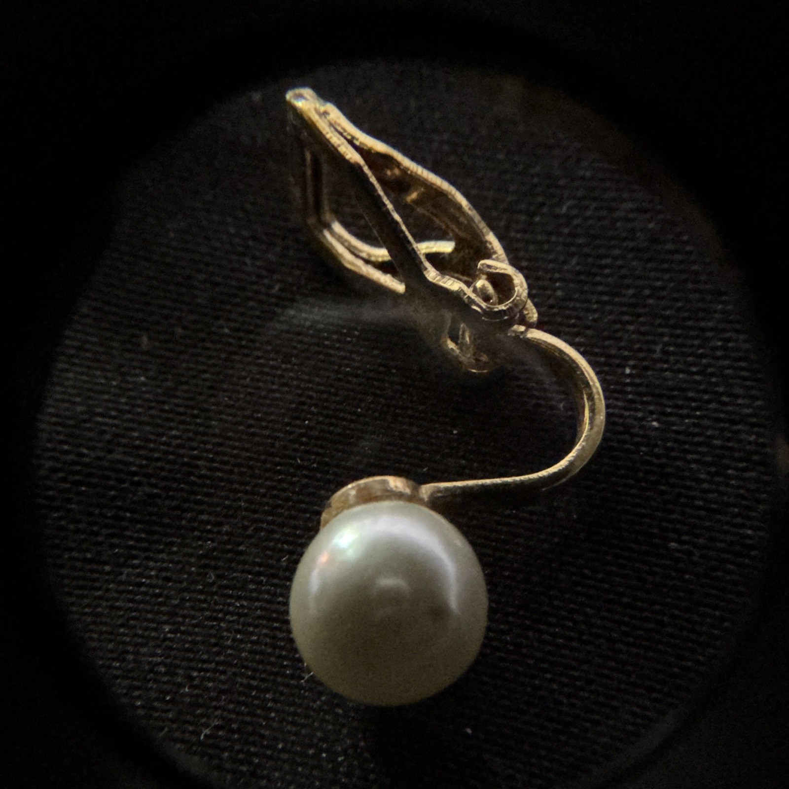 50’s-60’s Gold Tone Clip-On Dangle/Drop Earrings, White Round Pearl Drop Pair