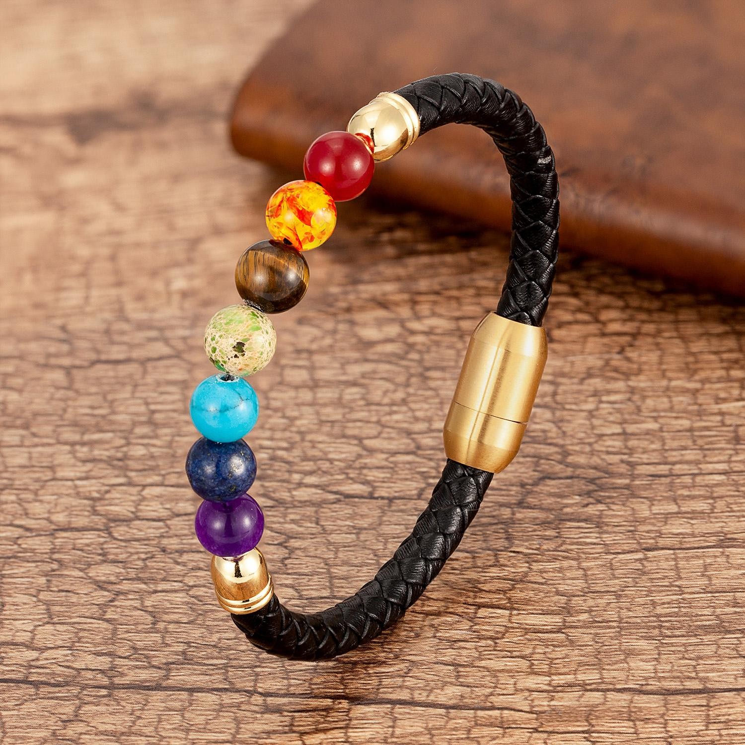Chakra Bead Stone Bracelet Black Leather Steel Bangle for Men and Women