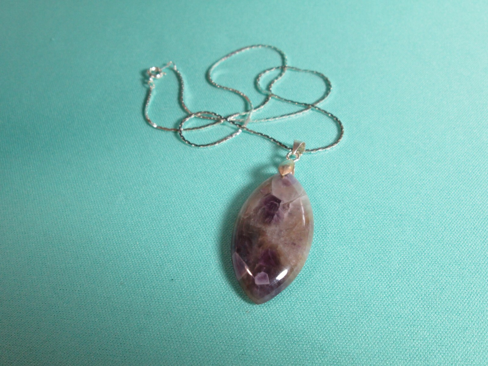 Brazilian Amethyst Eliptical Shaped Pendant Necklace 18″ Silver Plated Cobra