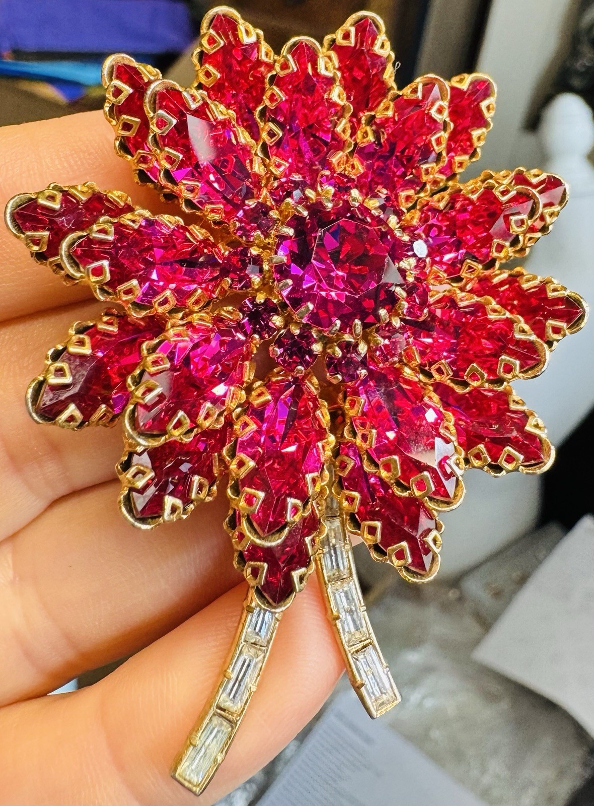 Vintage Schoffel Austria Pink Fuchsia & Clear Baguette Brooch Pin Flower