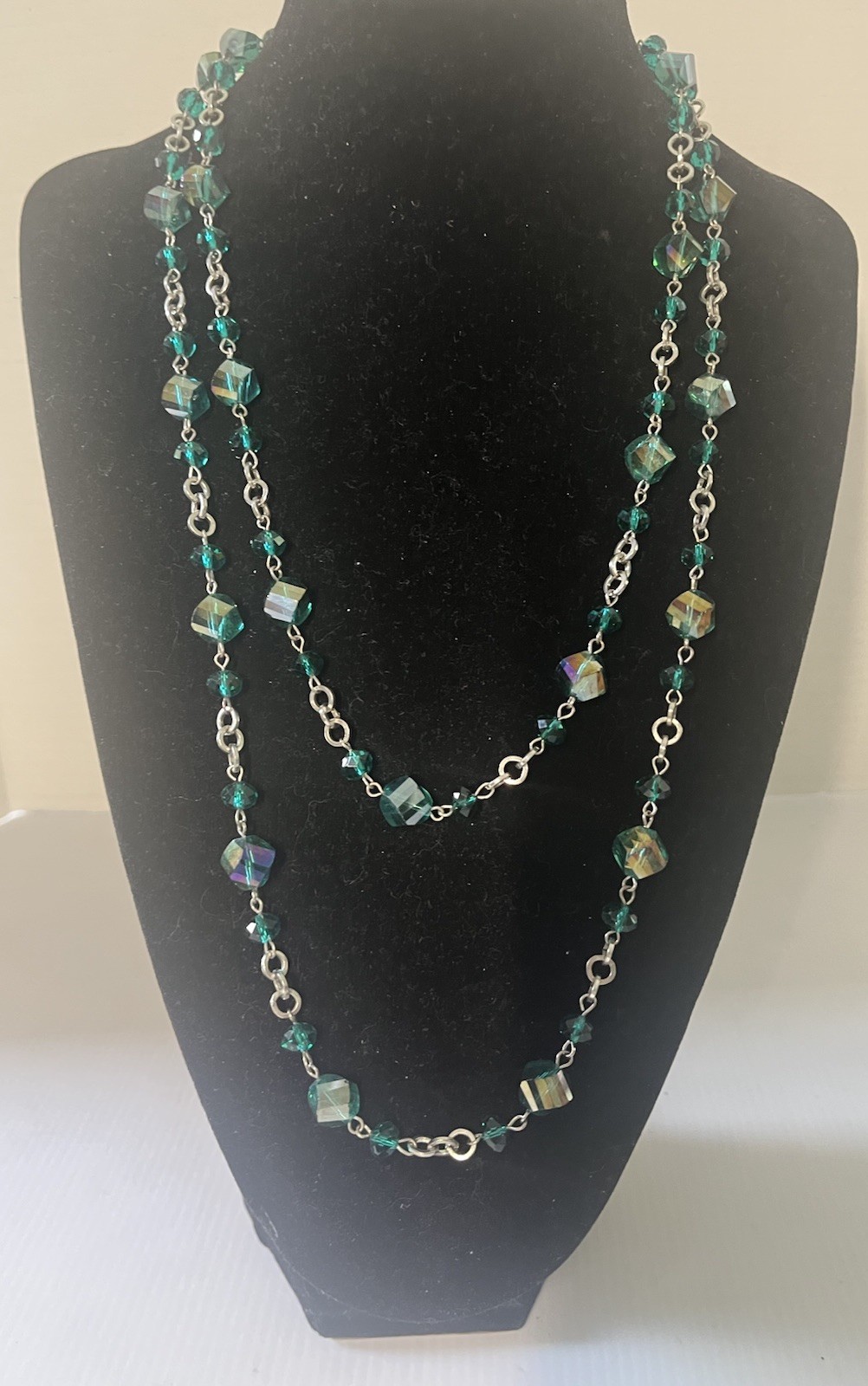 Long Blue/Green Faceted Glass Bead Necklace Strand Opera Length 54″ SALE!