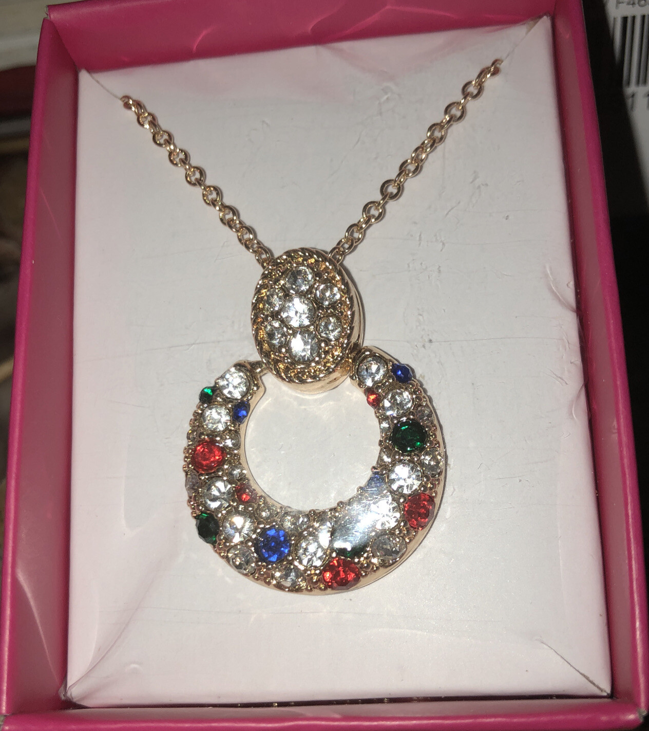 Red, Blue, Green And Clear Pave Stoned Gold Tone Chain Necklace New In Box