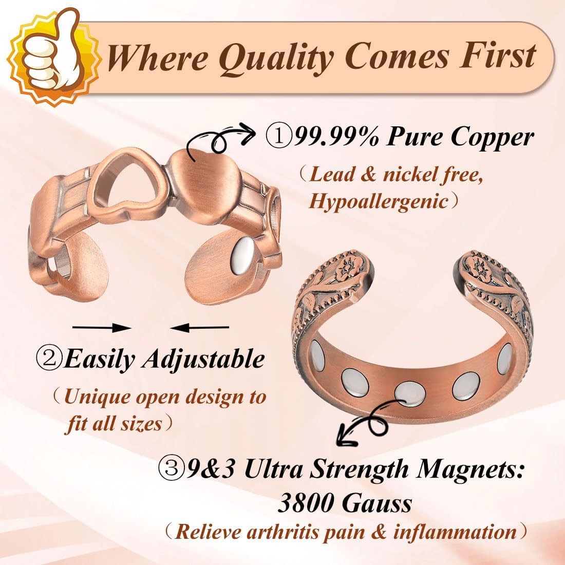 9X Magnetic Rings for Women, with Powerful Magnets, Adjustable Solid Pure Copper