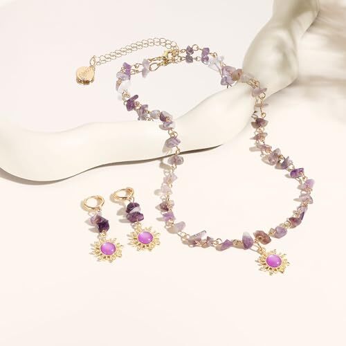 Boho Sun Jewelry Set for Women Bohemian Healing Nature Crystal Stone Purple