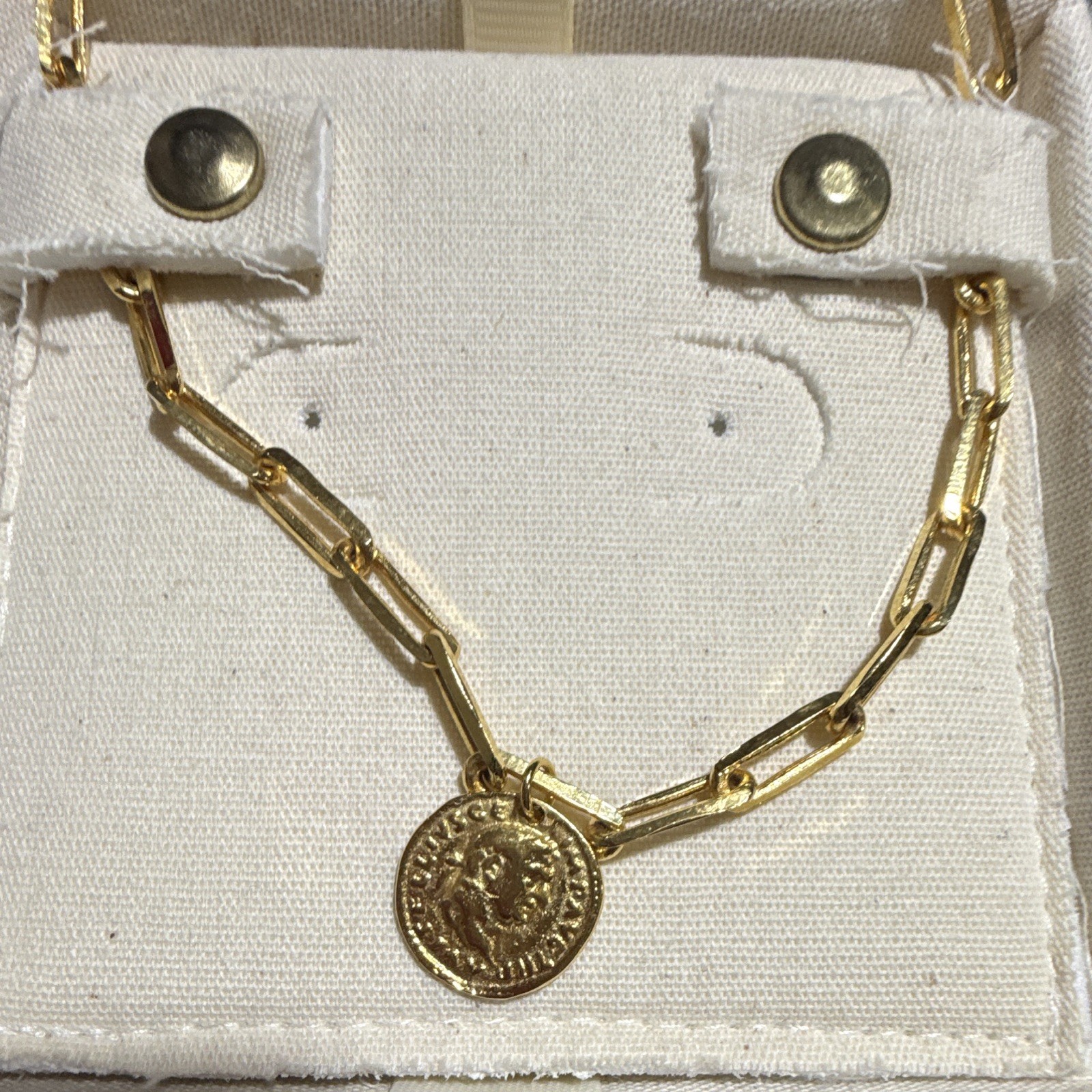 Gold Paperclip Chain Necklace Round Coin Pendant, Lobster Clasp, Adjustable