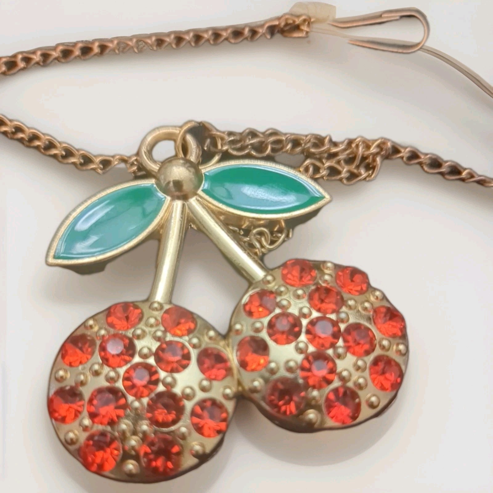 Pre-owned RED CHERRY JEWELED Blouse Chain, Gold Tone, Chain Has Hooks To Blouse