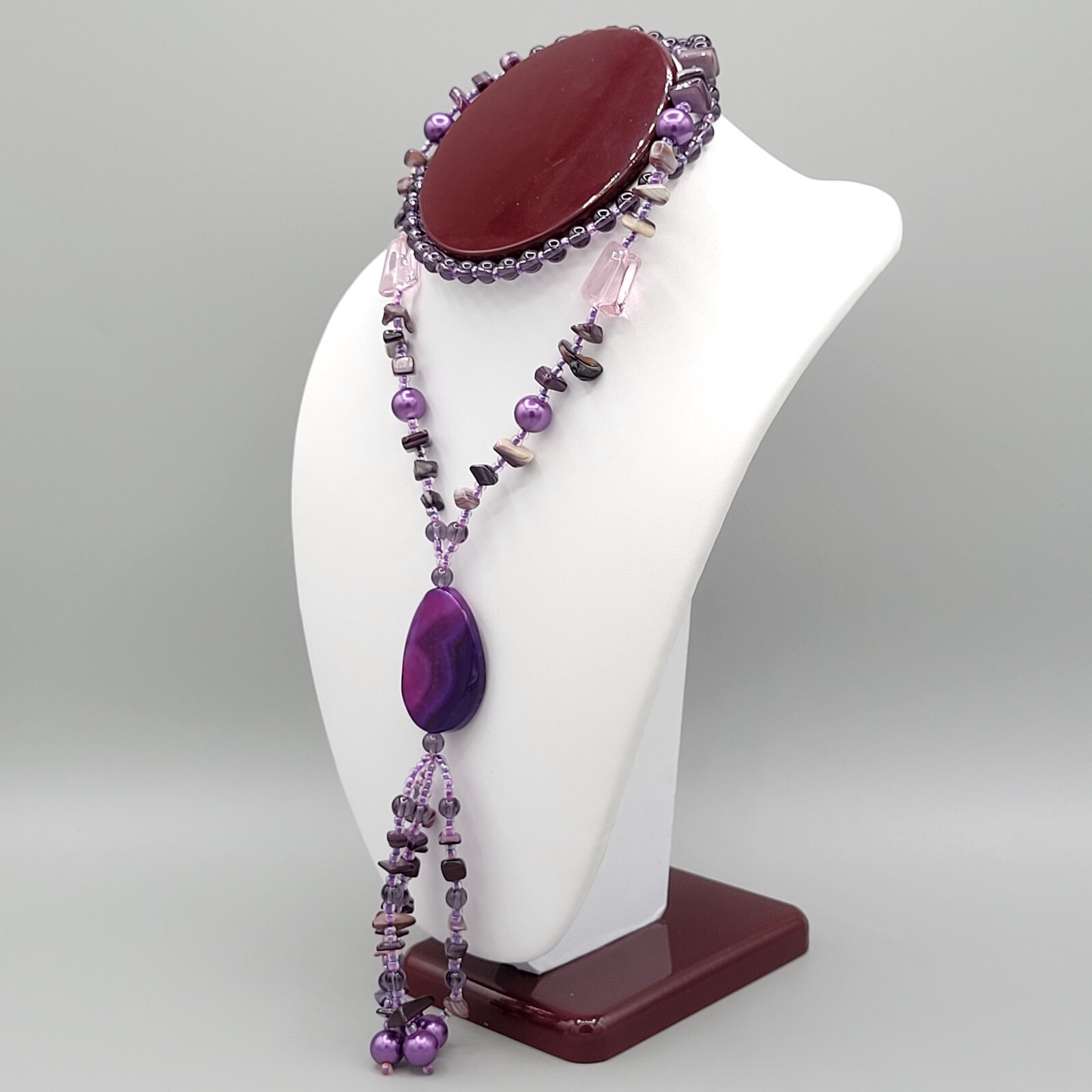 Womens Purple Dyed Agate Gemstone Mixed Shapes Y Drop Beaded Necklace 26 in