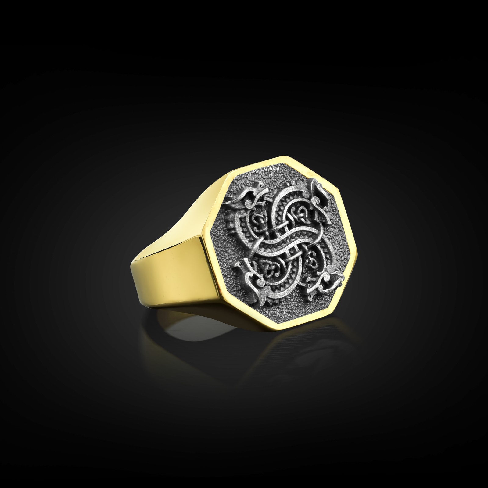 925 Sterling Silver Viking Dragon Mens Signet Ring