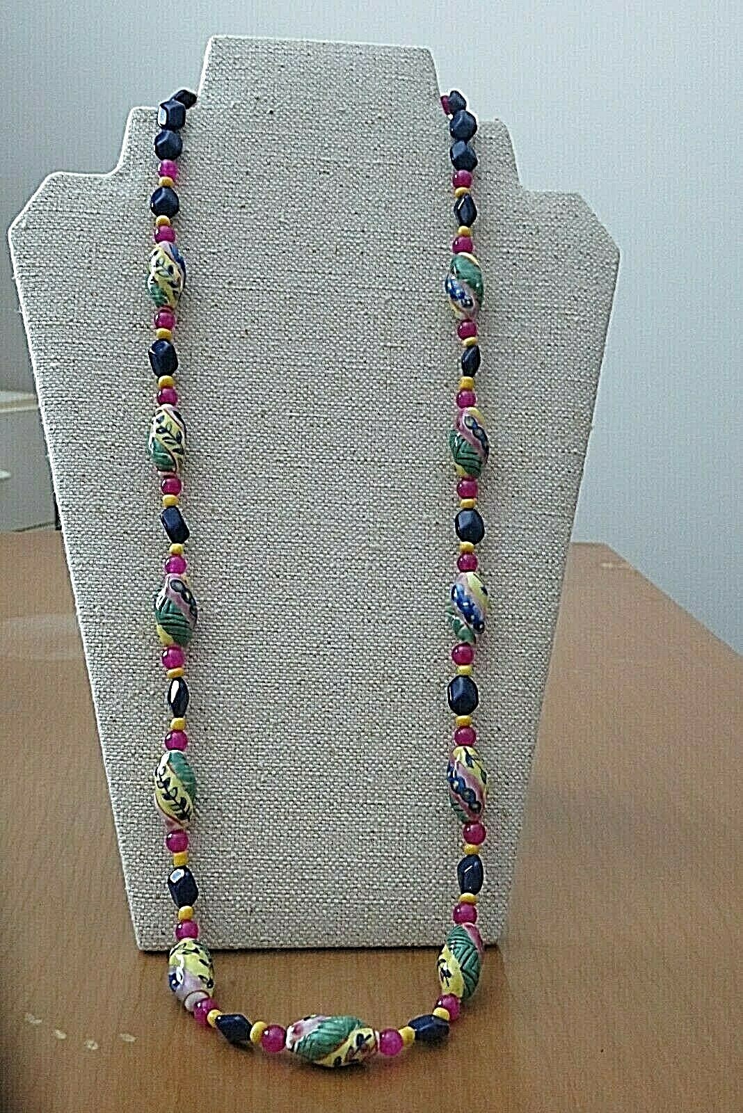 CERAMIC/Glass Lively Green/Pink/Blue 29″, 73 cm. Mixed Media Bead Necklace, New