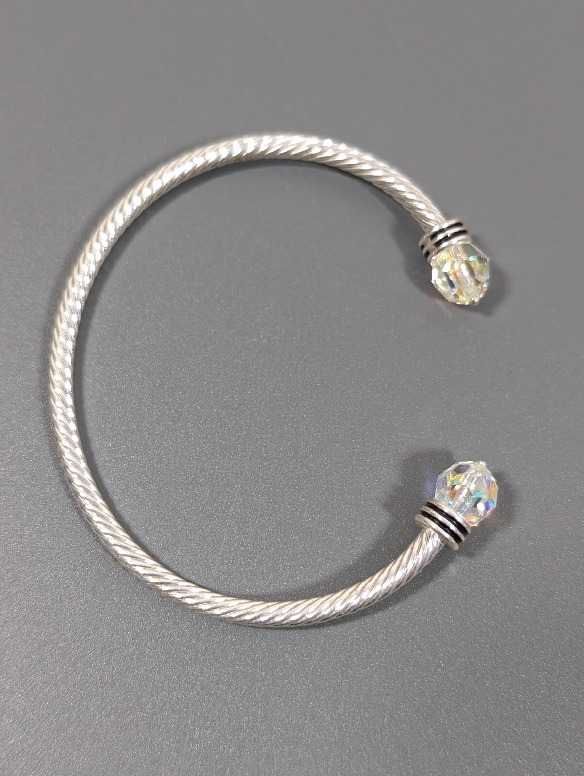 Silver Tone Cable Cuff AB Faceted Class Bracelet 6.5 inch