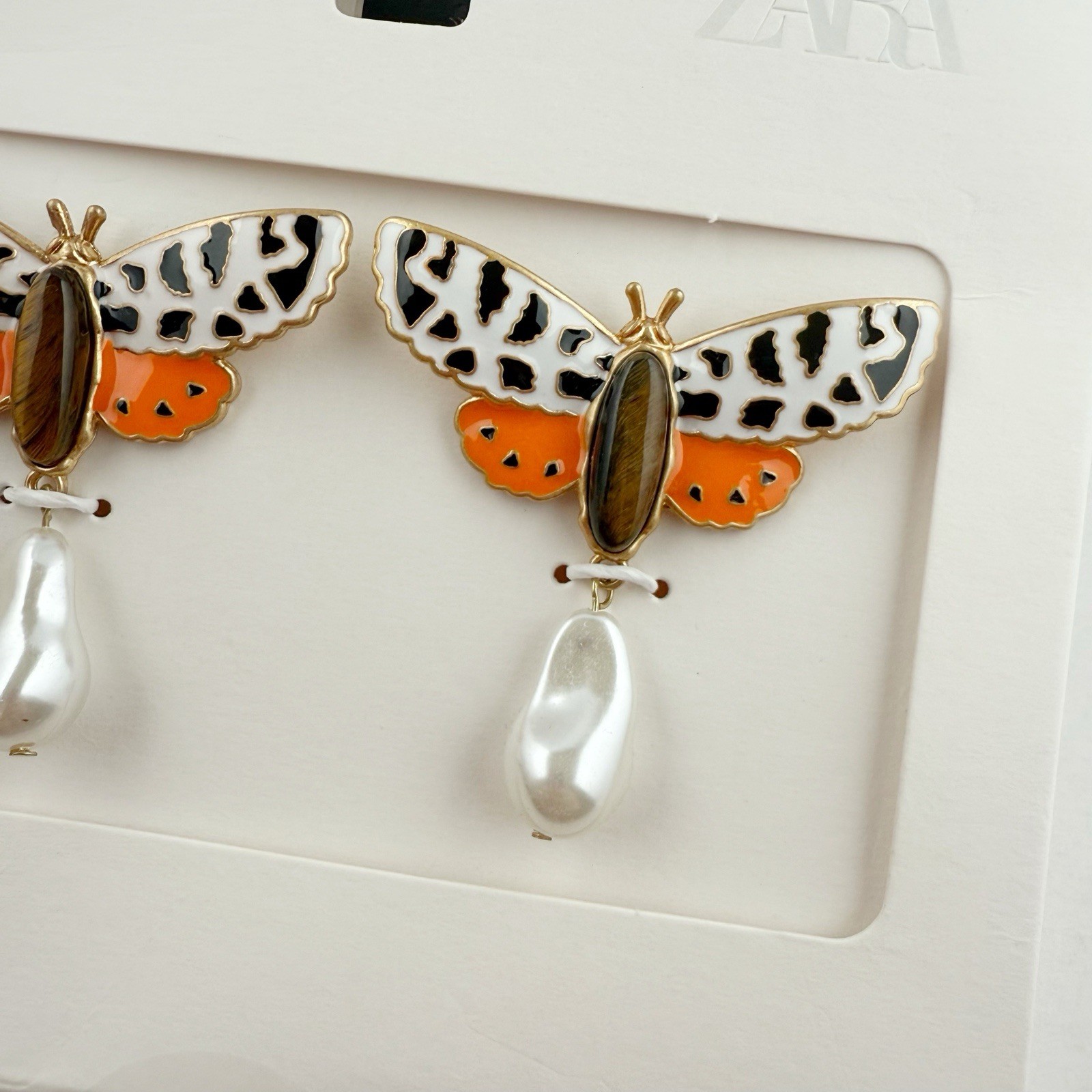 ZARA Butterfly Moth Multicolor Enamel Resin Stone Faux Pearl Drop Earrings NEW
