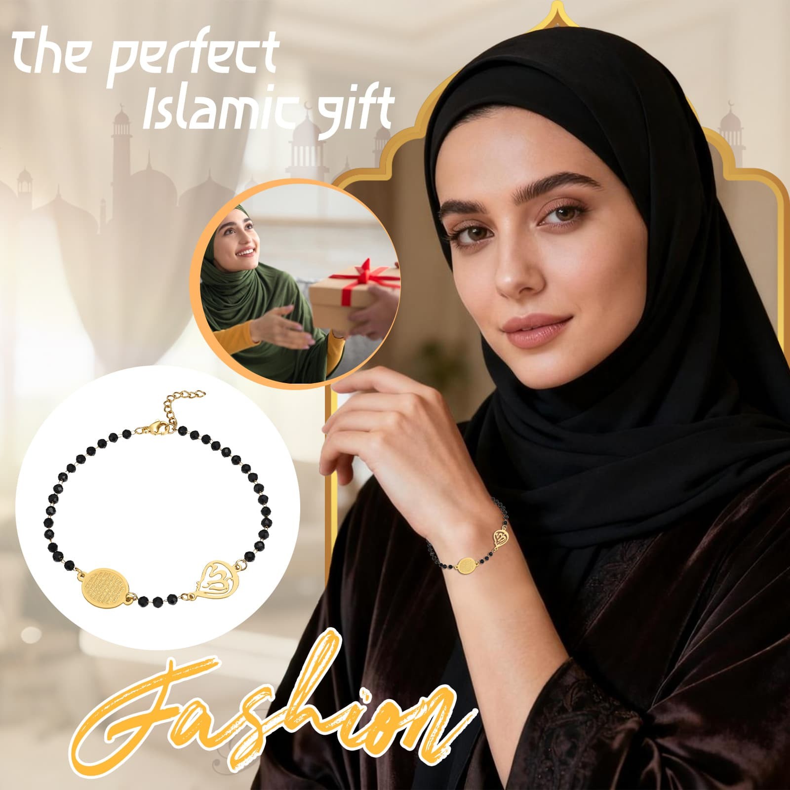 Women Islamic Faith Muslim Adjustable Double Layer Bead Stainless Steel Bracelet