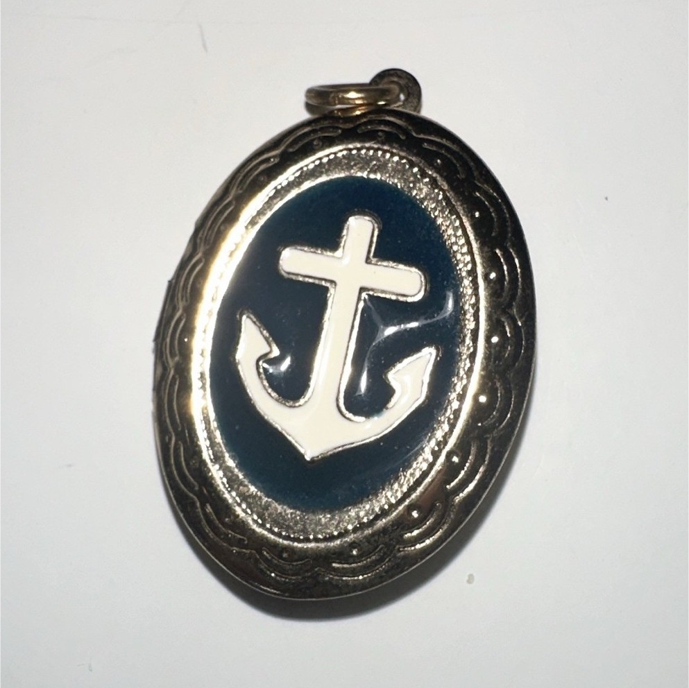 Silver Tone Oval Photo Locket Pendant Blue & White Enamel Anchor Nautical
