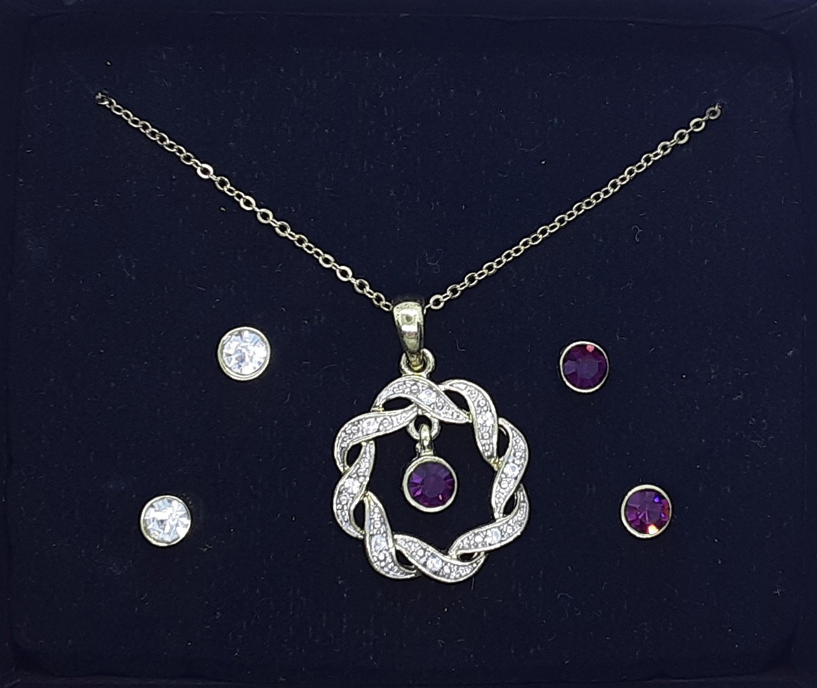 Demi Parure Pendant Earrings Amethyst Purple Clear Crystal Rhinestone Gold Tone
