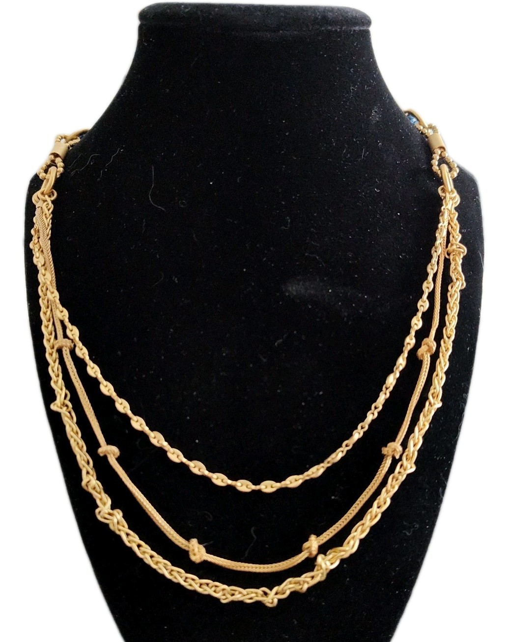 ANNE KLEIN Matte Brushed Gold Tone Navy Cord Three Layer Necklace 27″