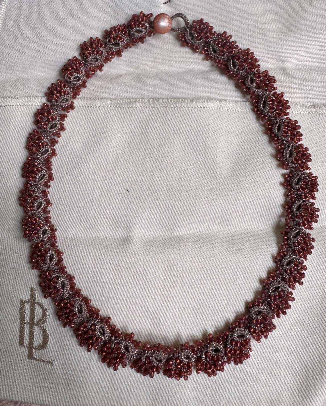Lorina-Balteanu Red & Silver Glass bead lace collar in original packaging