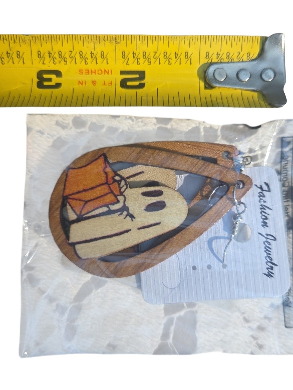 Boutique 9 Wood Teardrop Earrings with Ghost and Orange Candy Bag