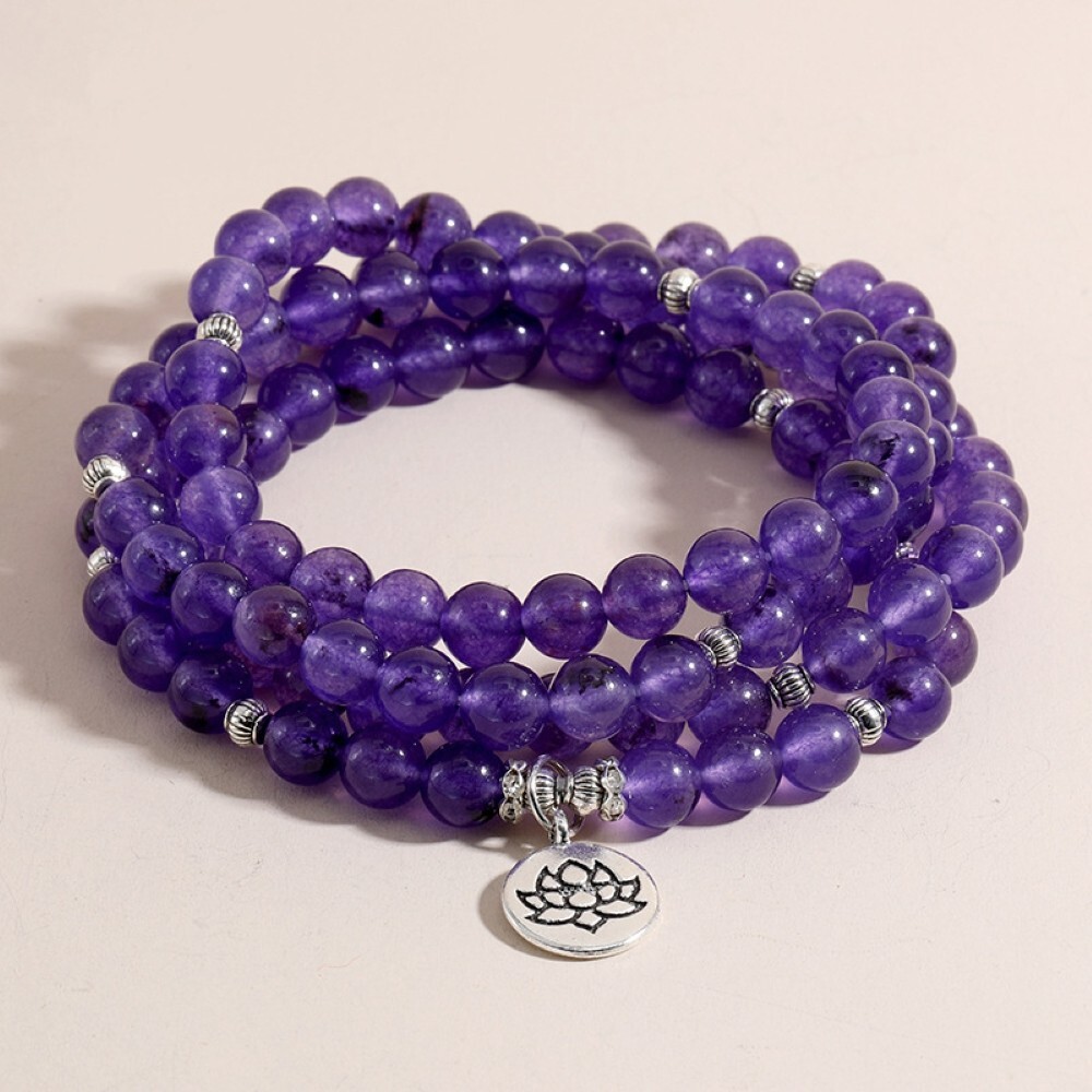 Amethyst Mala Beads 108 Necklace Lotus Charm Bracelet for Prayer Meditation Yoga
