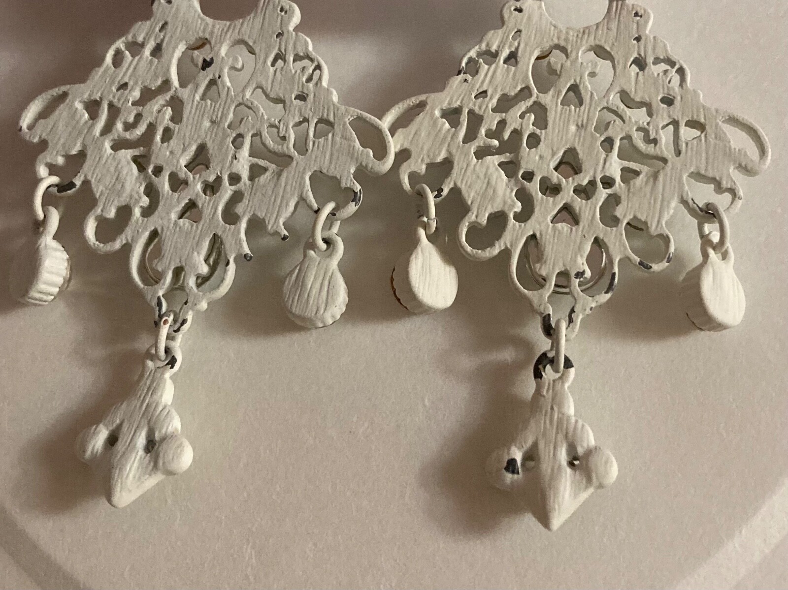Victorian Design Circa 1990 White Enamel Clear Stone Chandelier Pierced Earrings