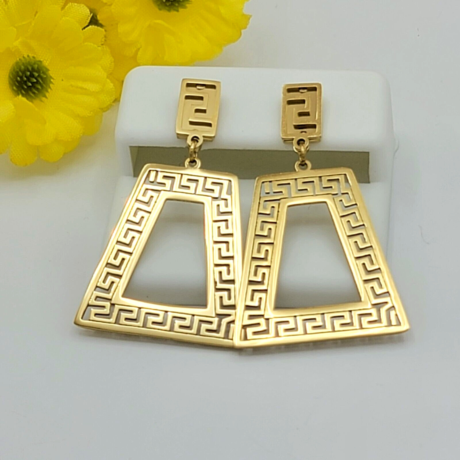 Women’s Stainless Steel Greek Key Symbol Vintage Dangle Drop Earrings. Meander