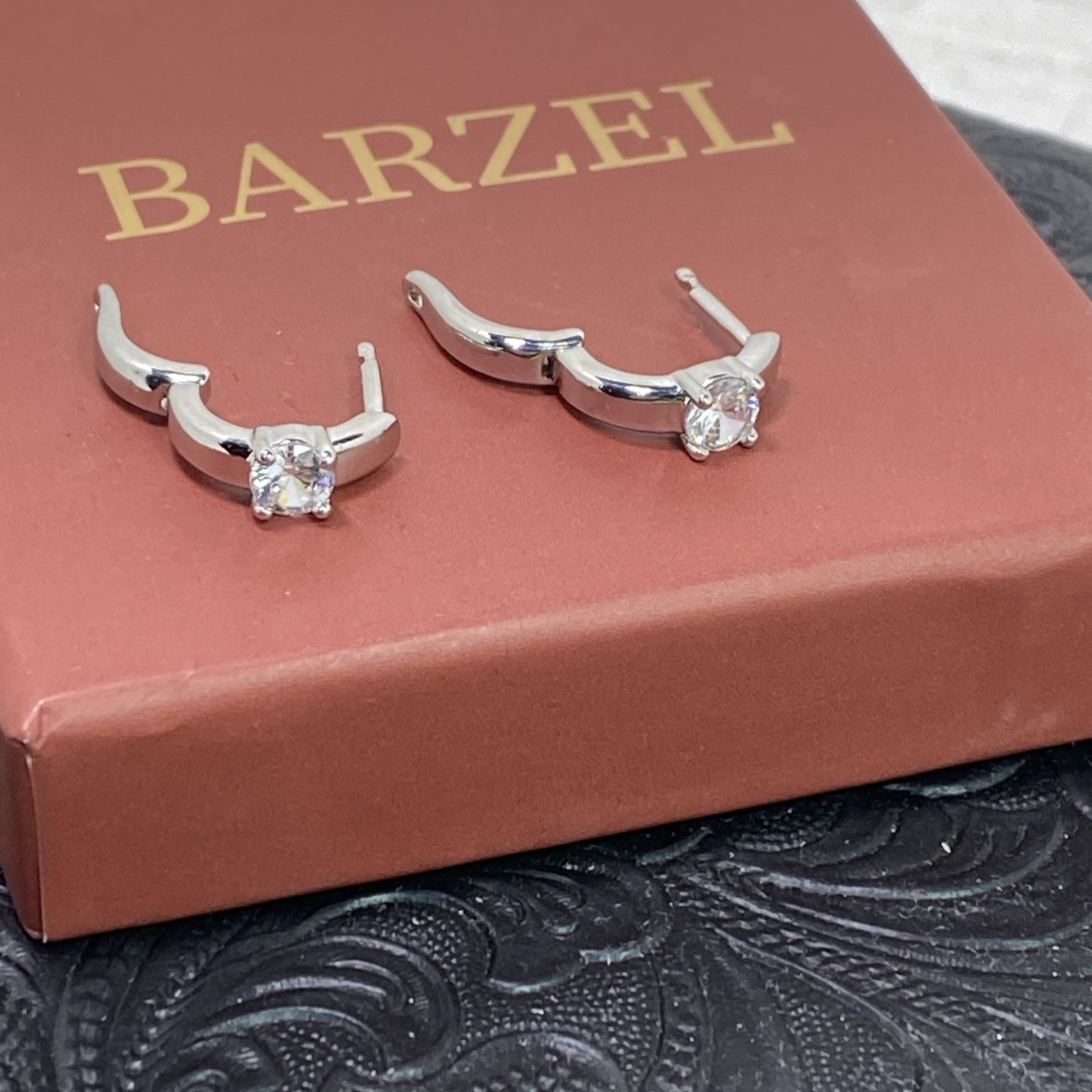 Barzel 18K White Gold Plated Huggie Earrings With Crystal Stone New