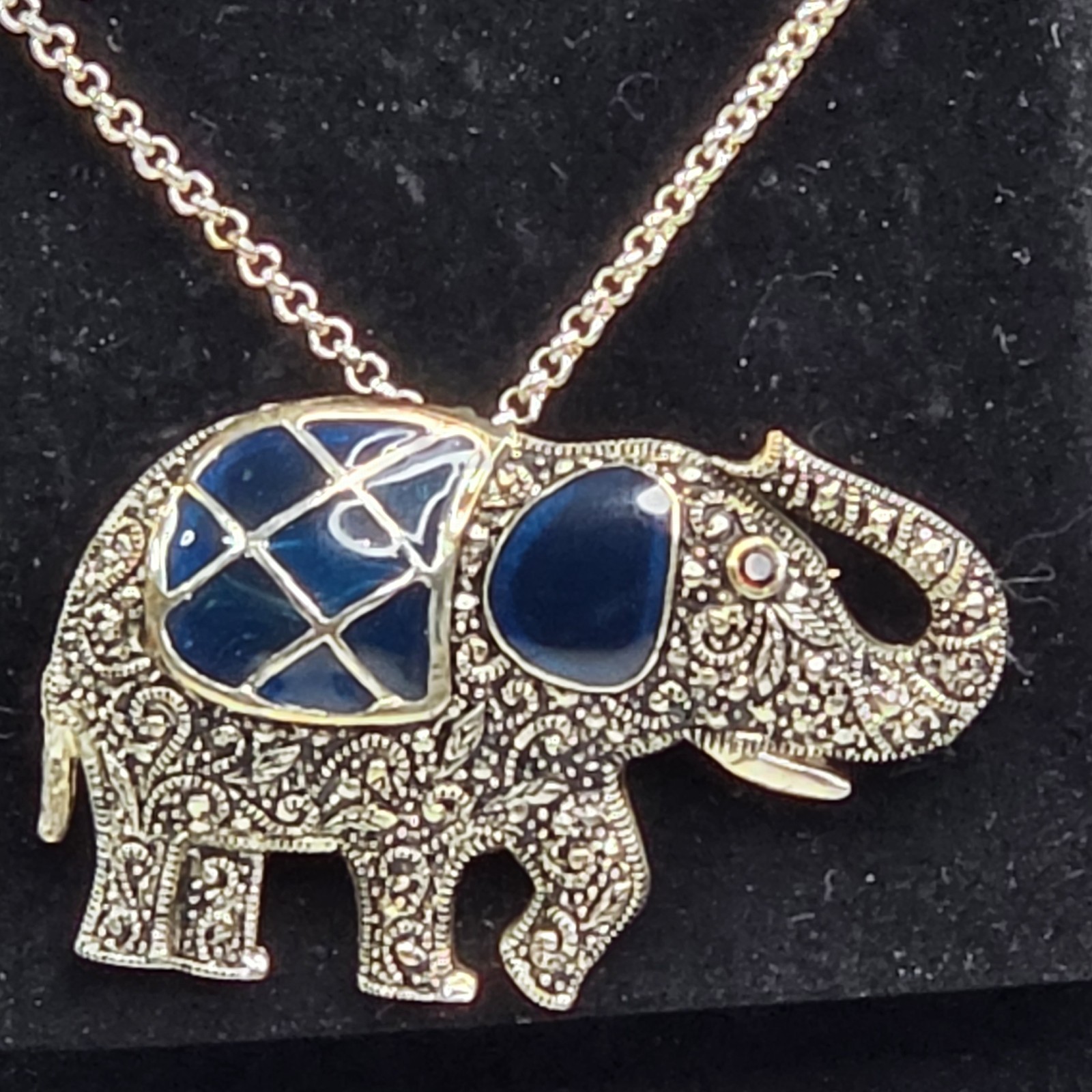 Silver Tone Elephant Charm Pendant Necklace, Blue Inlay Cable Chain, Lobster