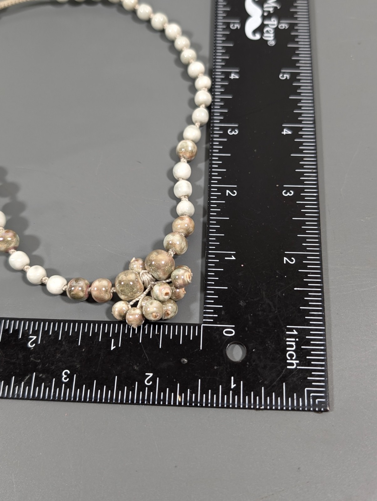 Ceramic Beaded Necklace 16″ White Gray Cluster Pendant Artisan Boho Jewelry