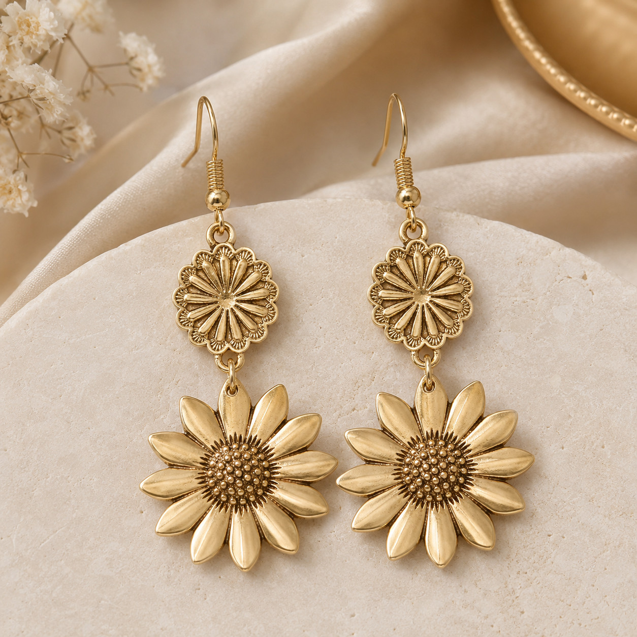 Vintage Silver Tone Sunflower Dangle Earrings Floral Drop Boho Women Jewellery