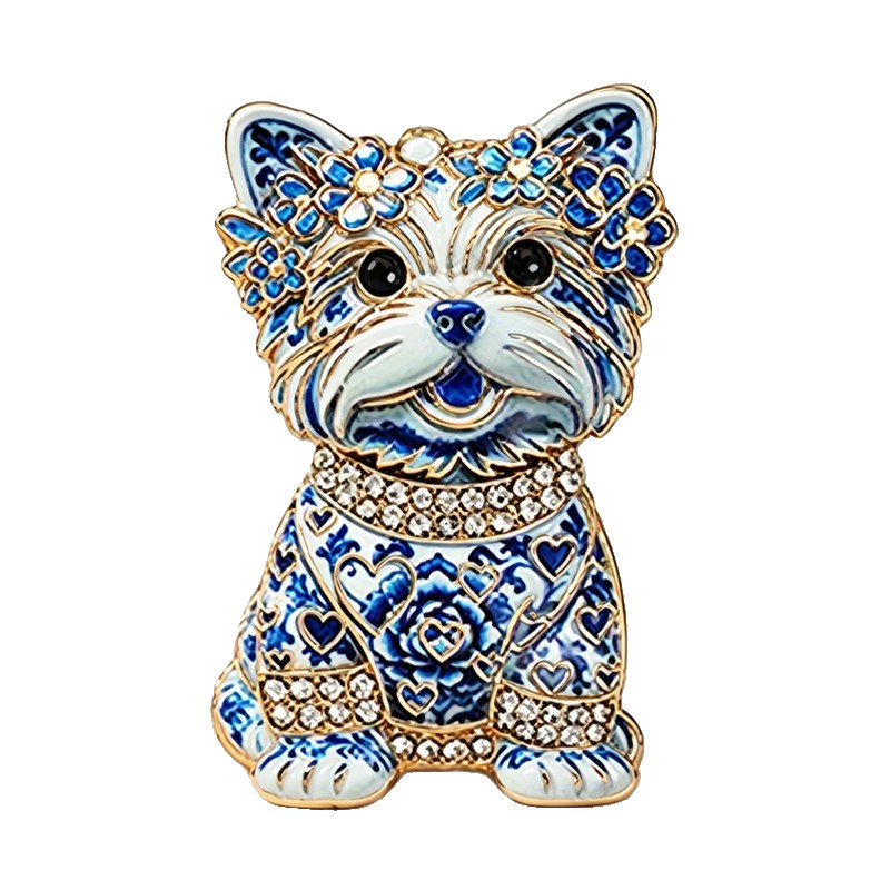 4PCS Yorkshire Terrier Dog Brooch Pin Set Enamel Crystal Floral Puppy Gift