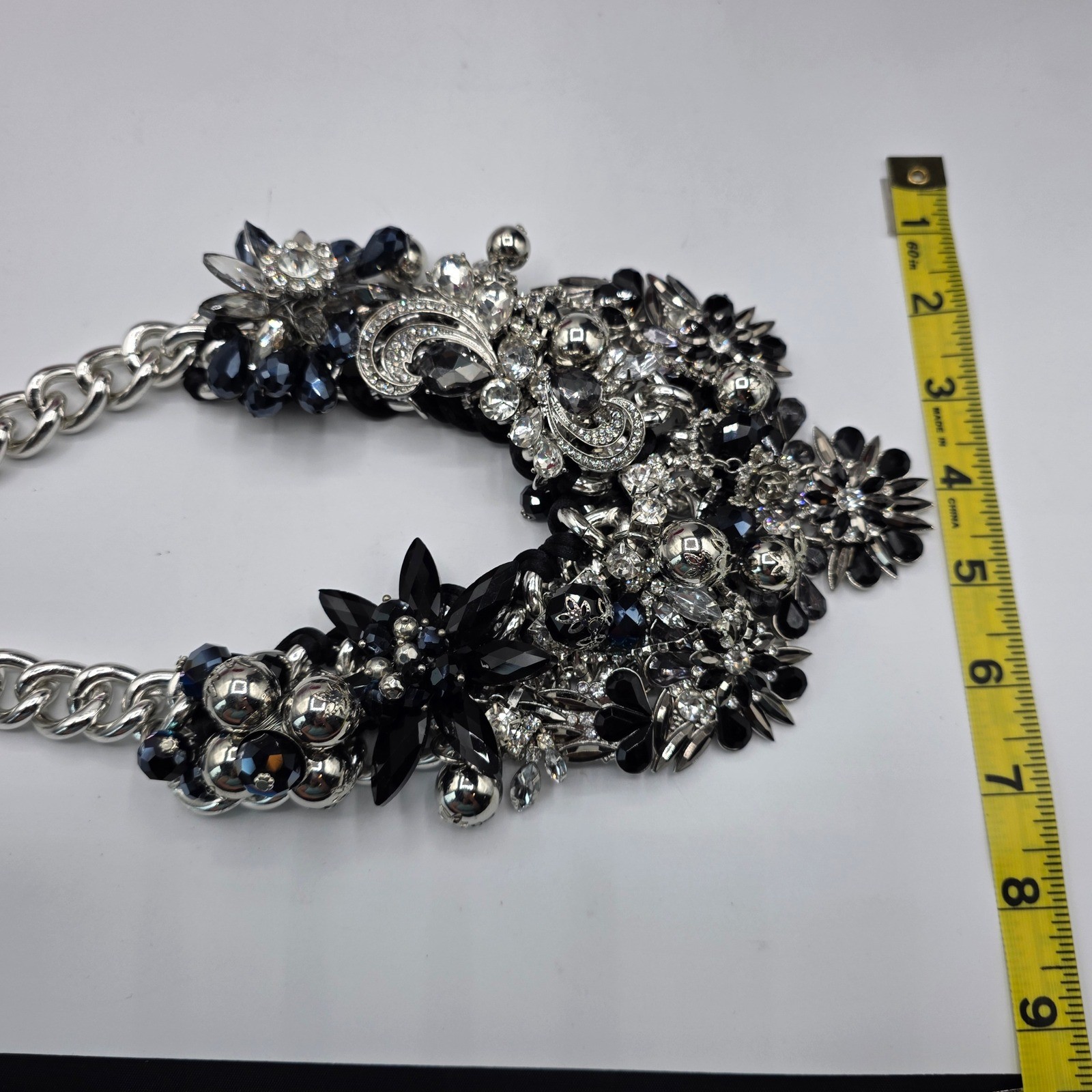 Aldo Silver Black Crystal Floral Statement Bib Necklace Chunky Curb Chain Bold