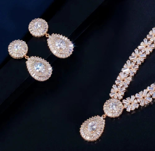 18k Gold Plated Necklace Earrings Set made w Swarovski Crystal Bridal Jewelry