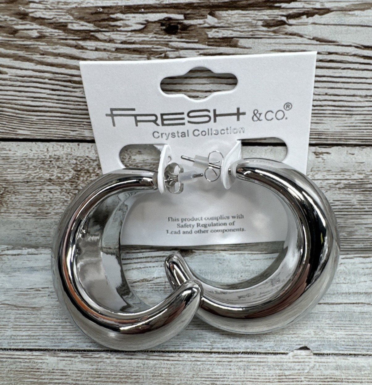 Fresh & CO. Crystal Collection Silver Earrings Chunky C-Hoop New in Package
