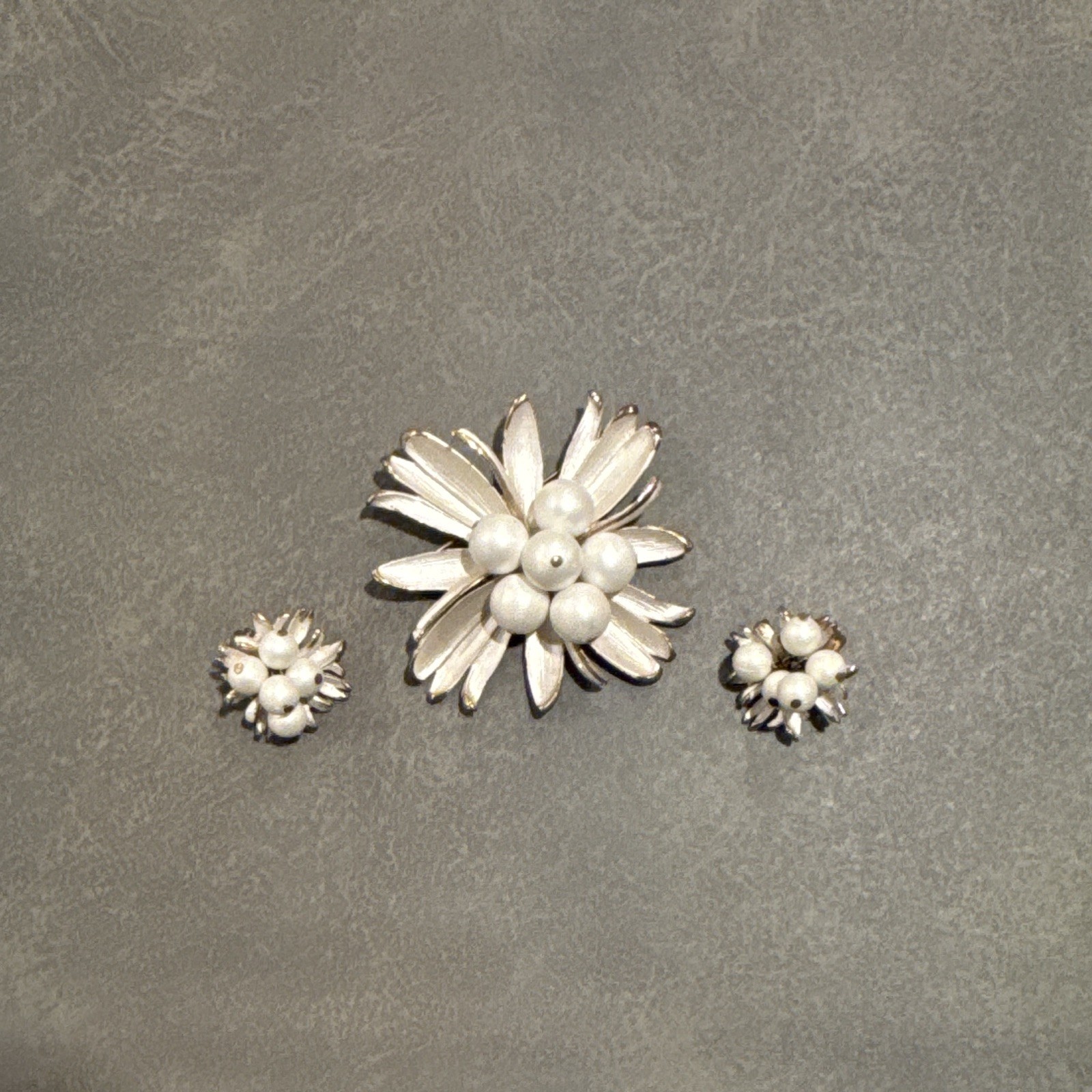 Silver Tone Metal Flower Brooch Pin & Clip-On Earrings Set, White Pearl Cluster
