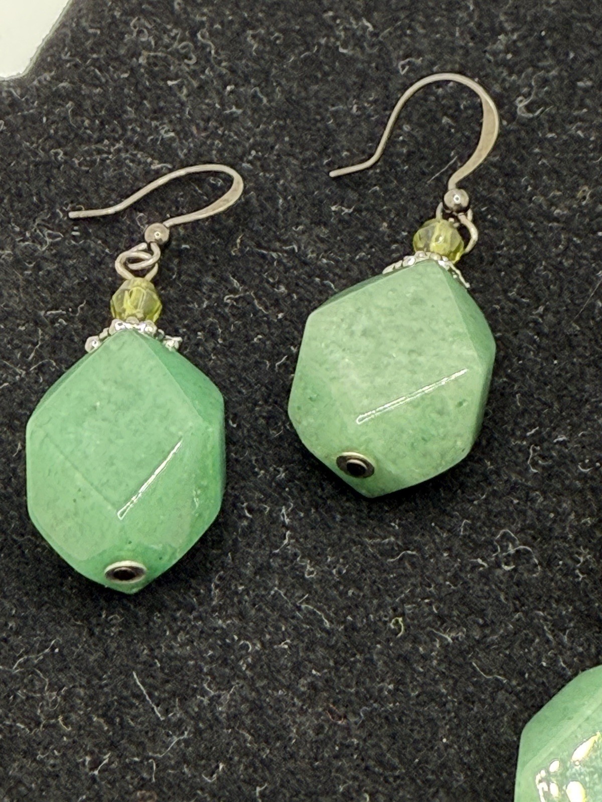 Teal Green Gemstone Aventurine Necklace Earring Set Olive Glass Silver-tone