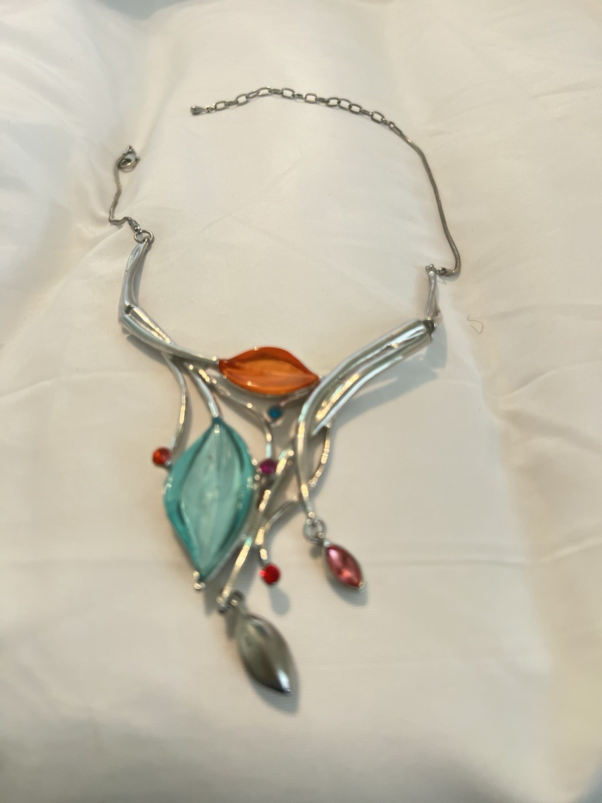 Silver Tone Multicolor Crystal Statement Pendant Necklace Cable Chain Lobster