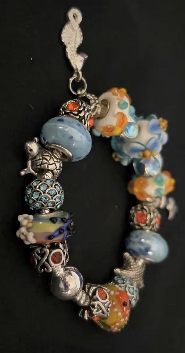 European Slider Charm Bracelet Murano Glass Aqua Blue Coral Mermaid Seahorse