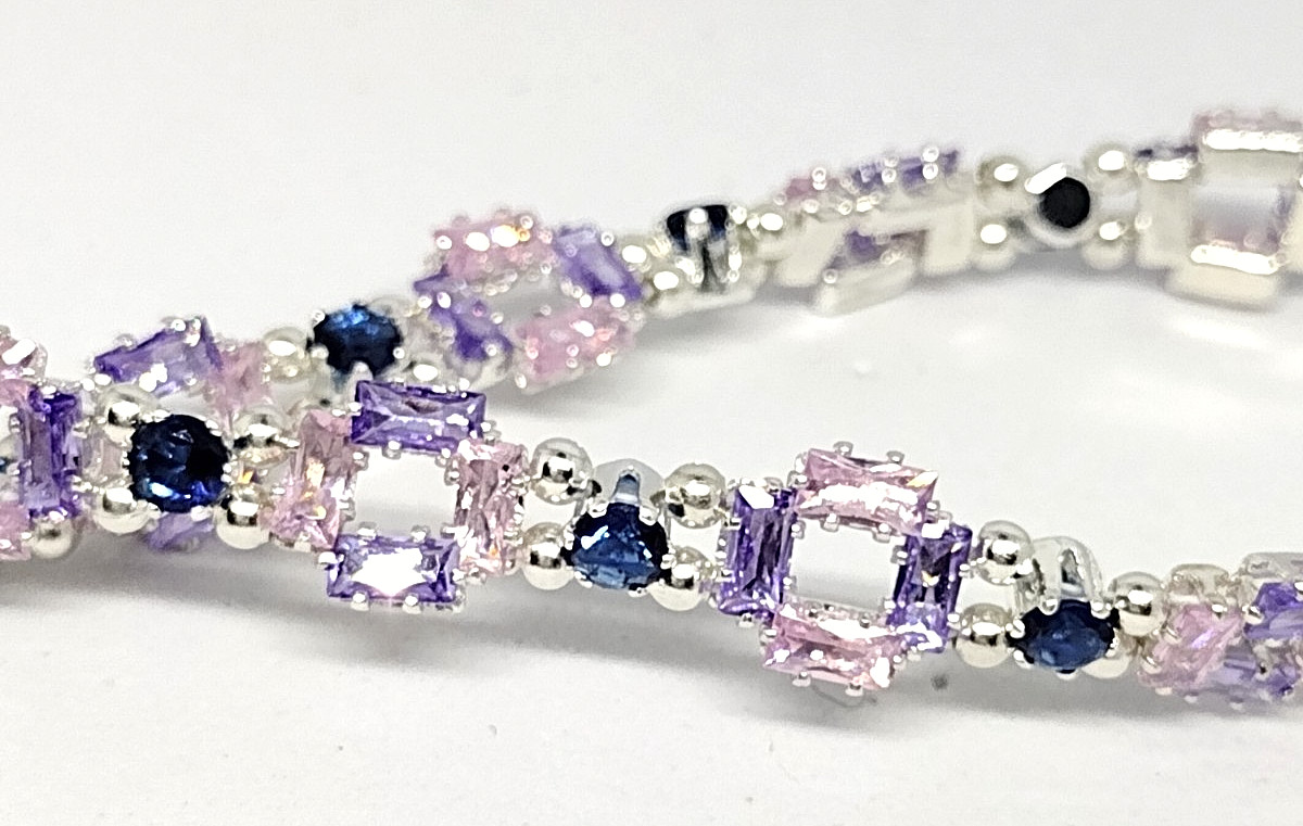 7 1/2 inch Bracelet Box Shape- Pink,Lavender 2x4mmCZ-3mm Royal Blue Round Beads.